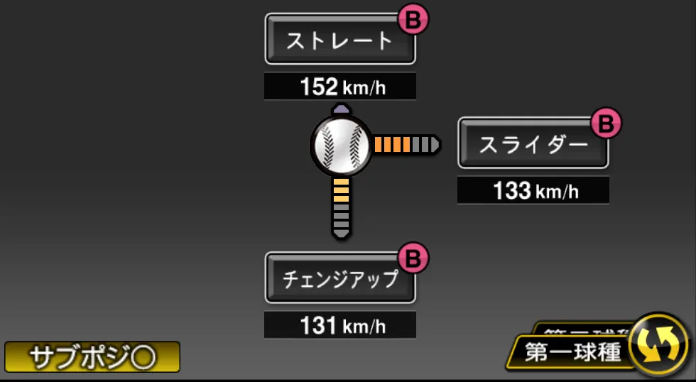 ガルシアの球種(ゲーム内の画面)