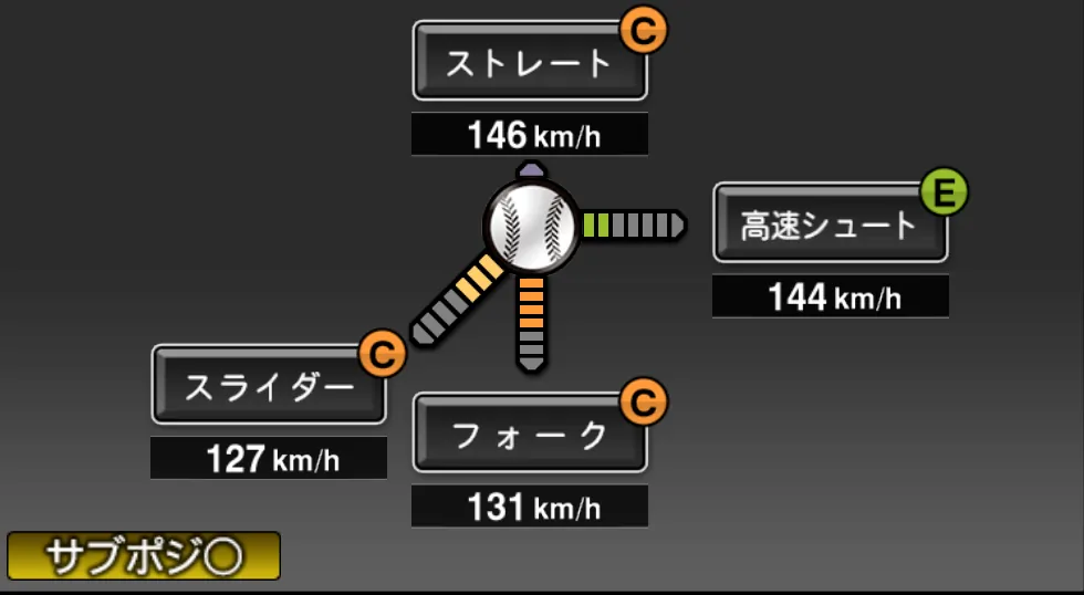 山井 大介の球種(ゲーム内の画面)