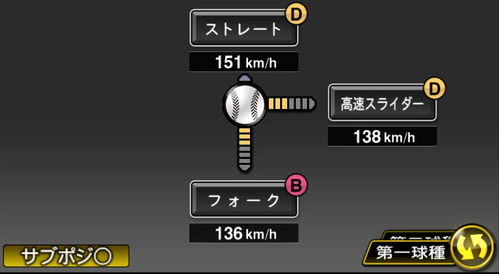 大野 雄大の球種（ゲーム内の画面）