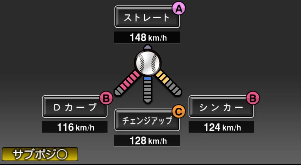 権藤 博の球種（ゲーム内の画面）
