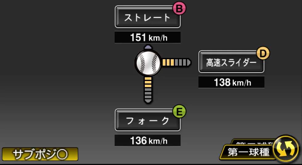 大野 雄大の球種（ゲーム内の画面）
