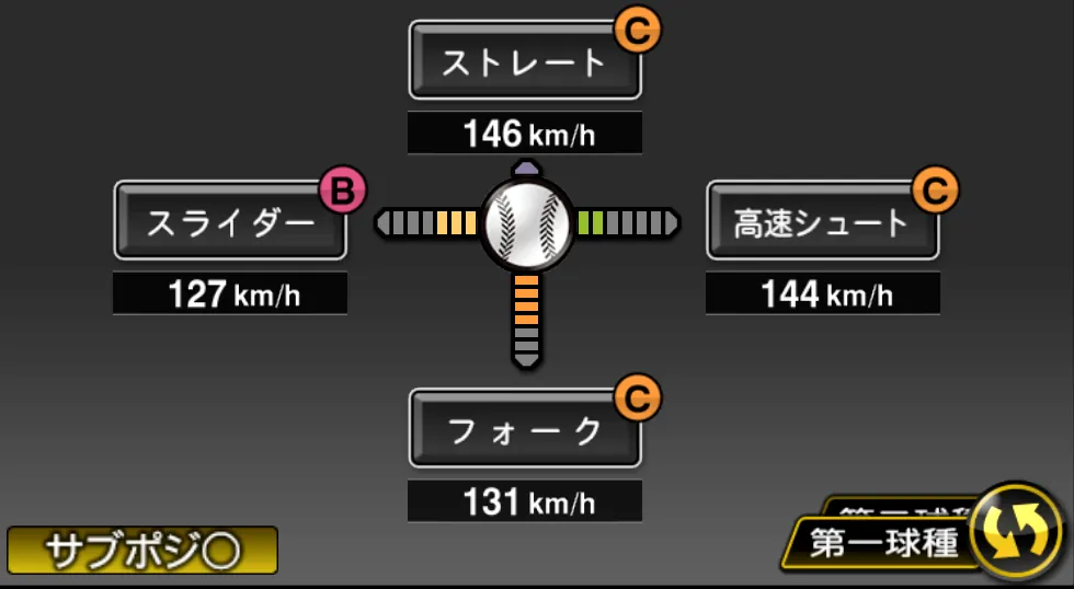 吉見 一起の球種（ゲーム内の画面）