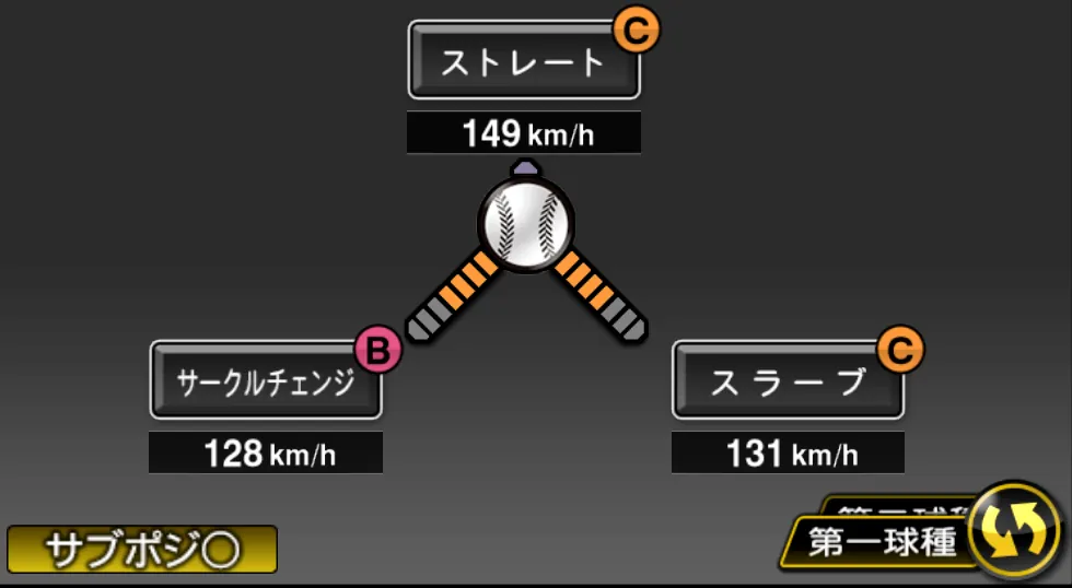 小笠原 慎之介の球種（ゲーム内の画面）