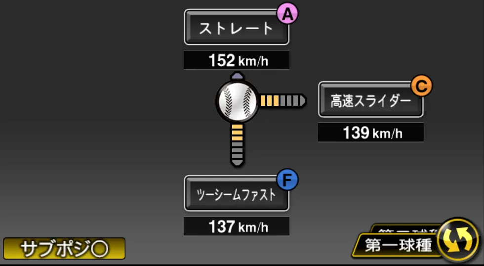 大野 雄大の球種(ゲーム内の画面)