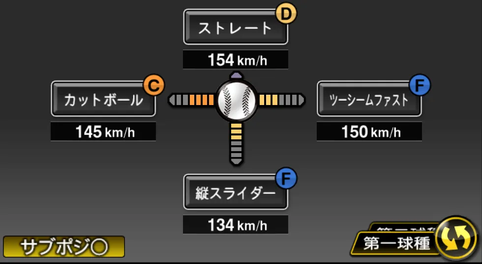 髙橋 宏斗の球種（ゲーム内の画面）