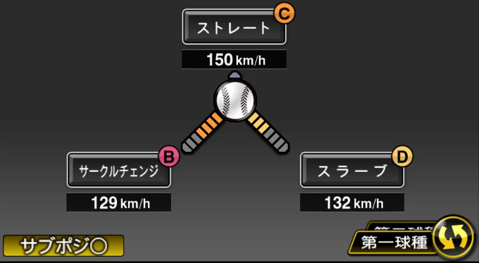 小笠原 慎之介の球種（ゲーム内の画面）