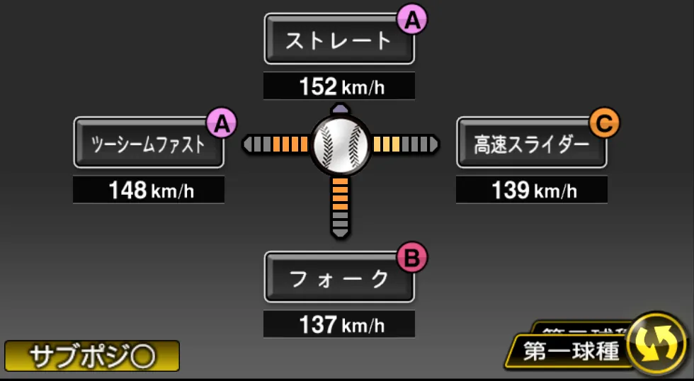 大野 雄大の球種(ゲーム内の画面)