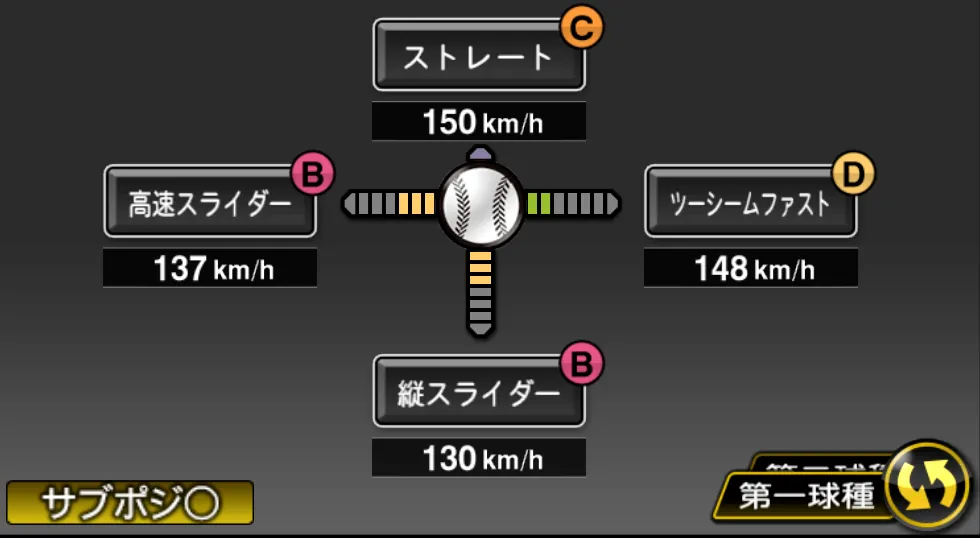祖父江 大輔の球種（ゲーム内の画面）