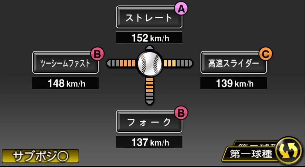 大野 雄大の球種(ゲーム内の画面)