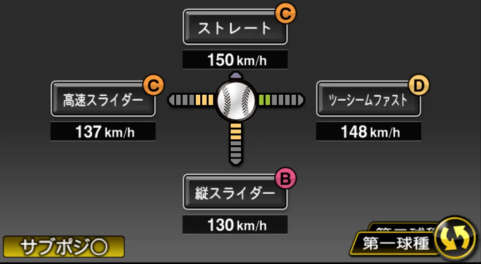 祖父江 大輔の球種（ゲーム内の画面）
