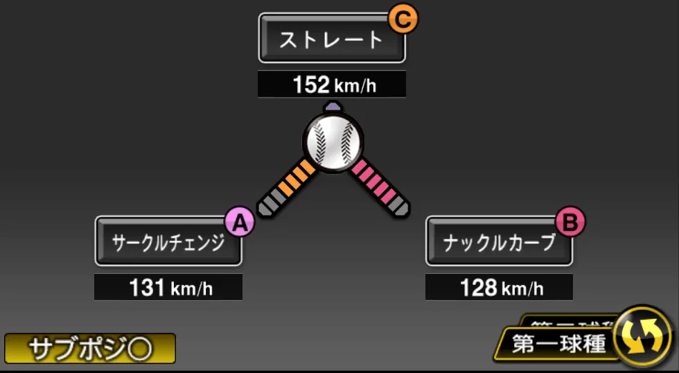 小笠原 慎之介の球種（ゲーム内の画面）