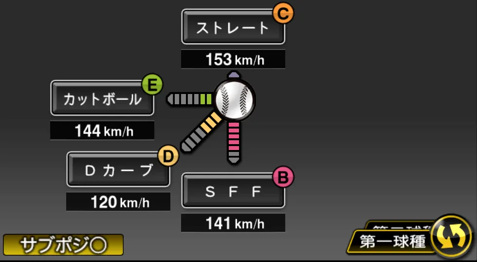 清水 達也の球種（ゲーム内の画面）