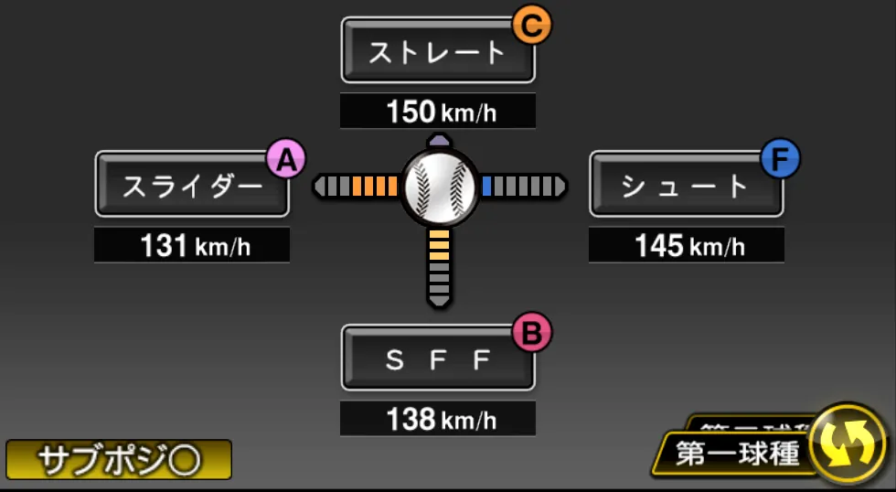 田島 慎二の球種（ゲーム内の画面）