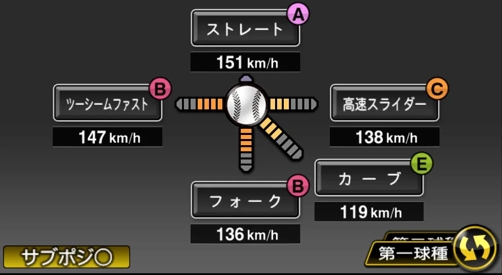 大野 雄大の球種（ゲーム内の画面）