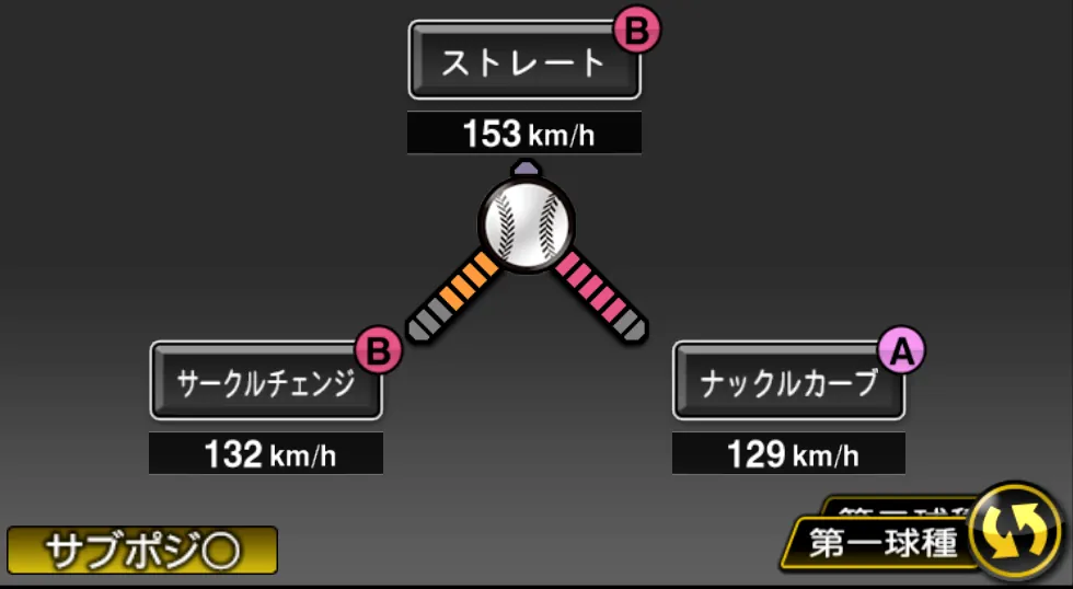 小笠原 慎之介の球種（ゲーム内の画面）