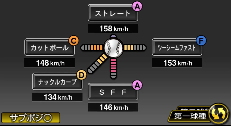 髙橋 宏斗の球種(ゲーム内の画面)