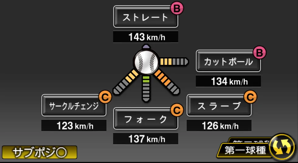 松葉 貴大の球種（ゲーム内の画面）