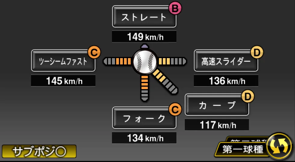 大野 雄大の球種（ゲーム内の画面）