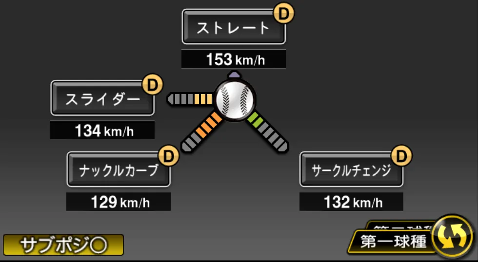 メヒアの球種（ゲーム内の画面）