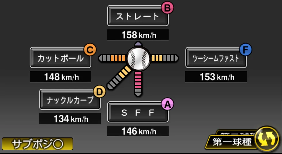 髙橋 宏斗の球種（ゲーム内の画面）