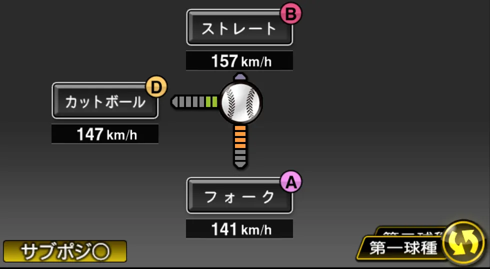 松山 晋也の球種(ゲーム内の画面)