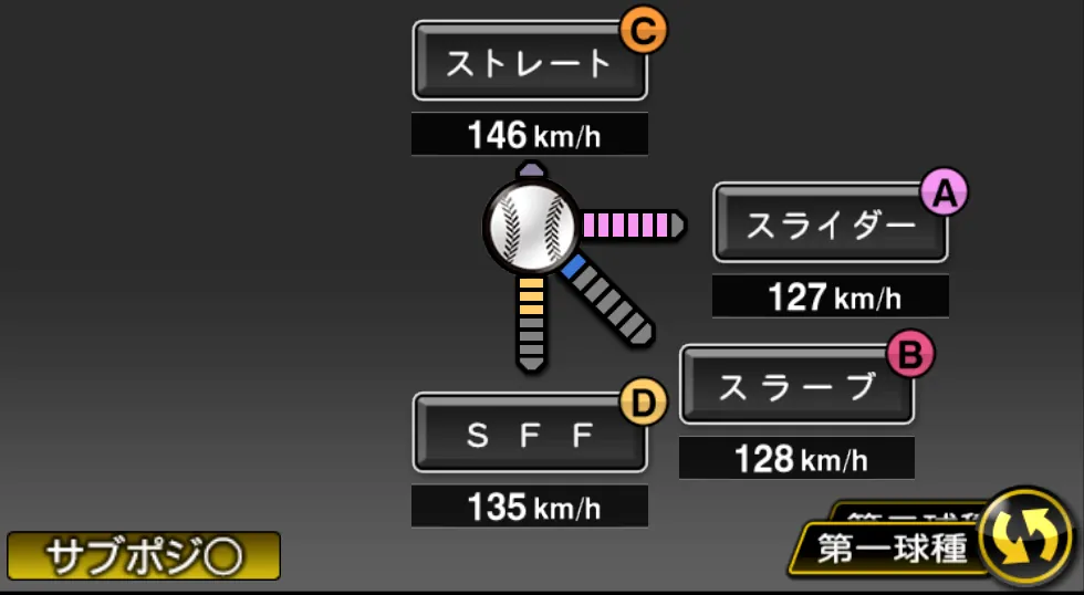 齋藤 綱記の球種（ゲーム内の画面）