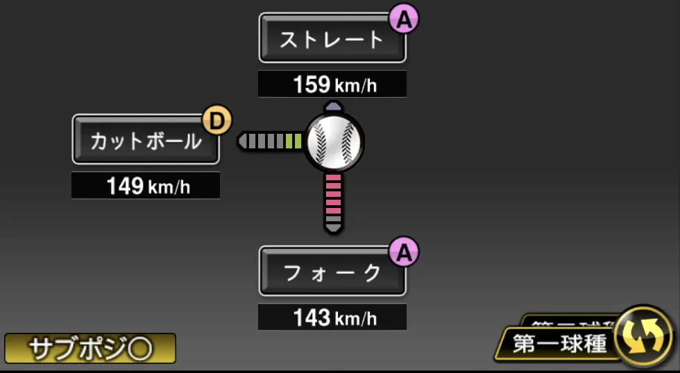 松山 晋也の球種（ゲーム内の画面）