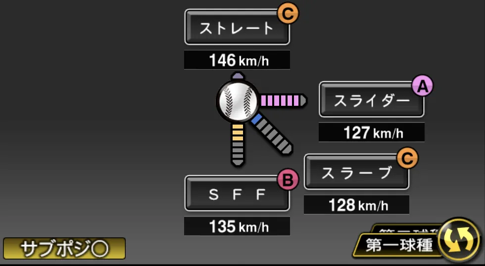 齋藤 綱記の球種(ゲーム内の画面)