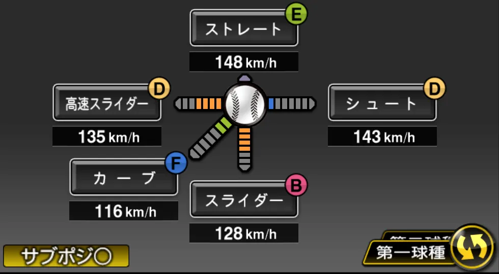 青山 浩二の球種（ゲーム内の画面）