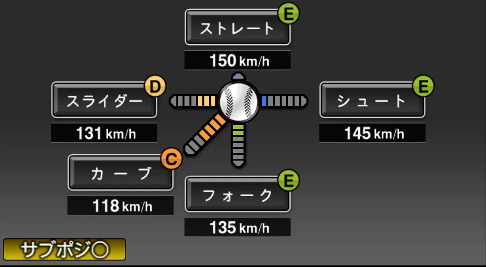 美馬 学の球種（ゲーム内の画面）