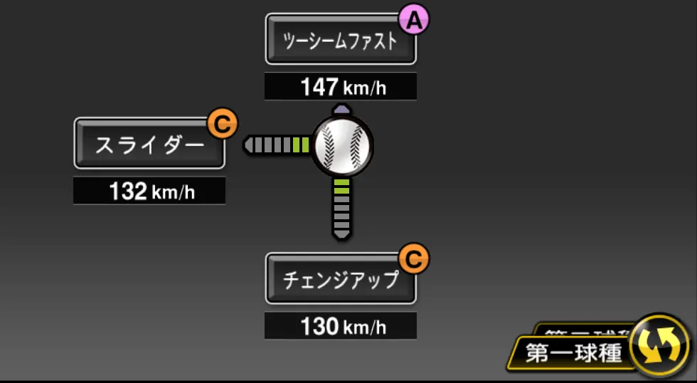 ミコライオの球種（ゲーム内の画面）