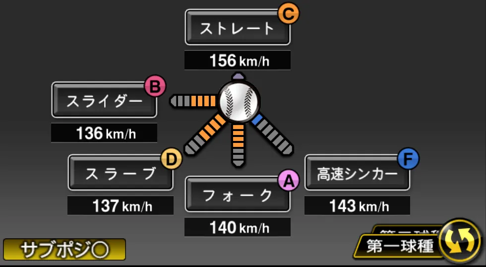 則本 昂大の球種（ゲーム内の画面）