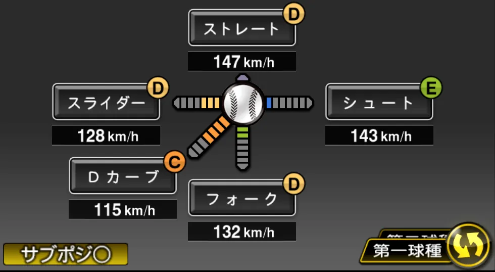 永井 怜の球種（ゲーム内の画面）