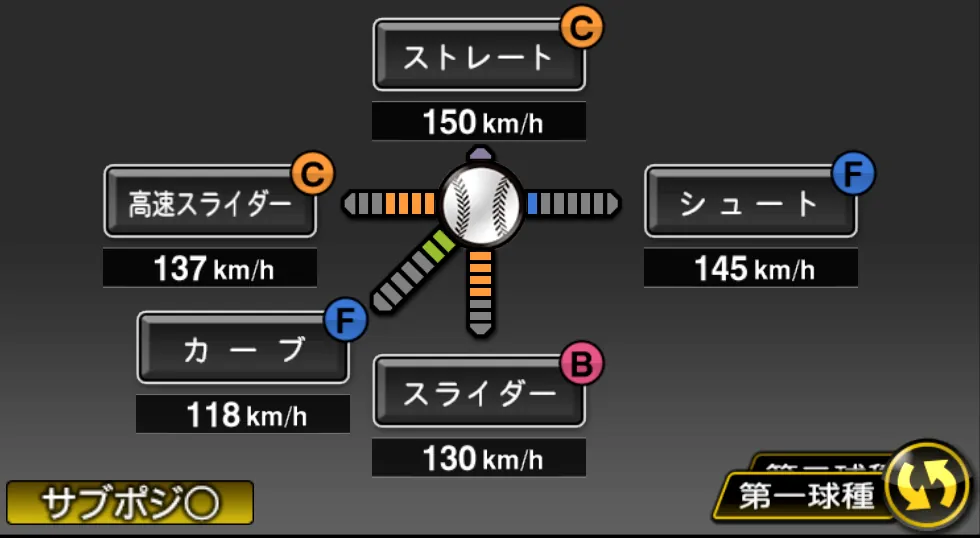 青山 浩二の球種（ゲーム内の画面）