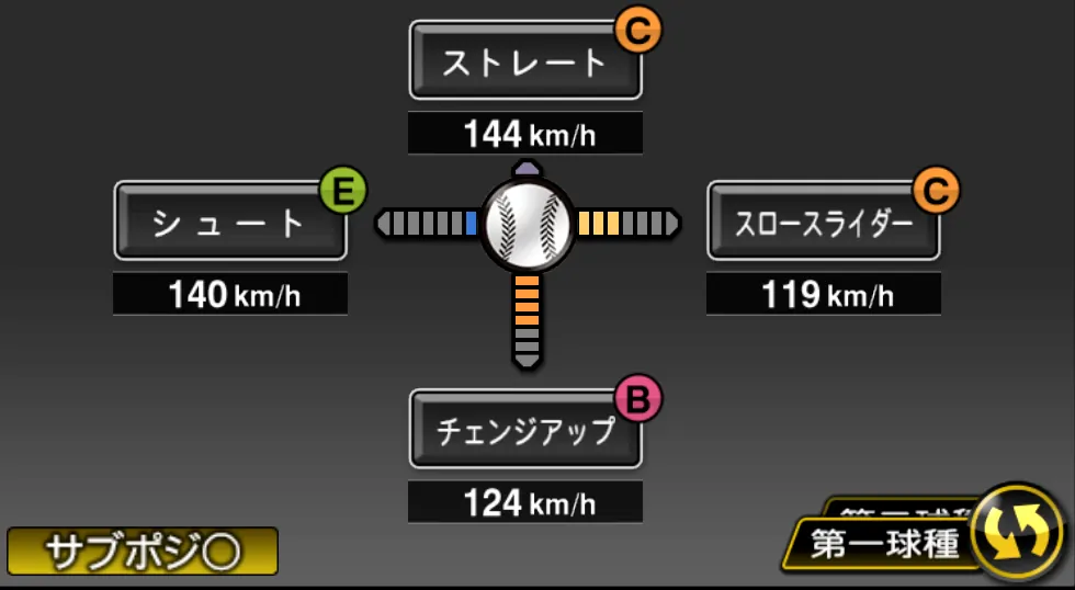 長谷部 康平の球種（ゲーム内の画面）