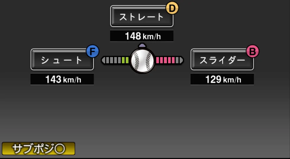 高梨 雄平の球種（ゲーム内の画面）