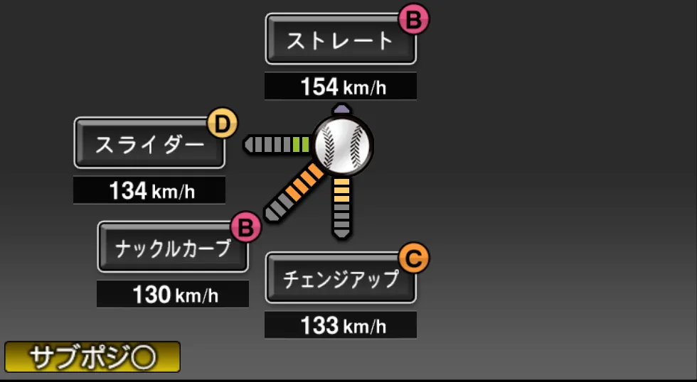 ハーマンの球種（ゲーム内の画面）