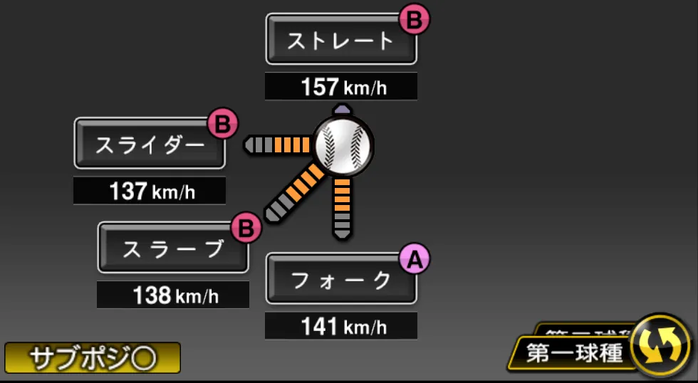 則本 昂大の球種（ゲーム内の画面）