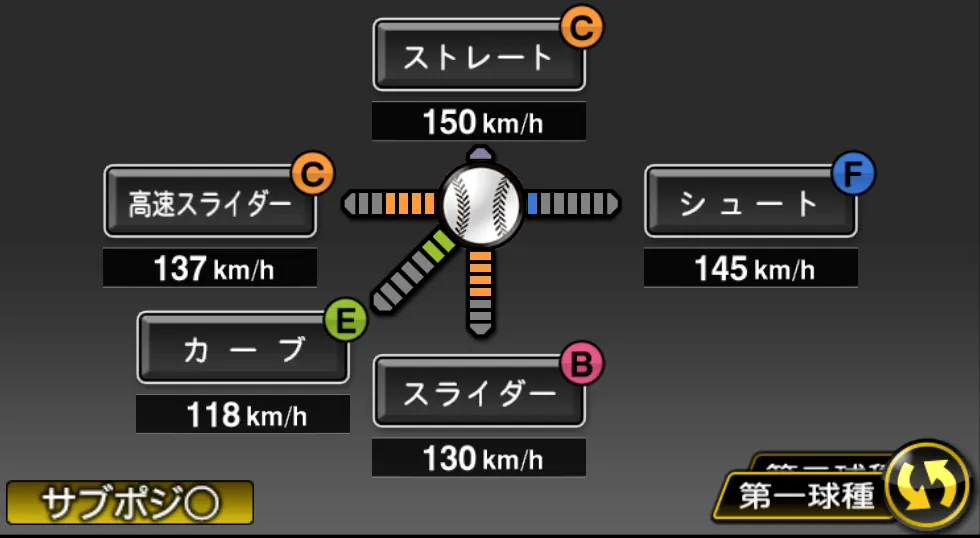 青山 浩二の球種(ゲーム内の画面)