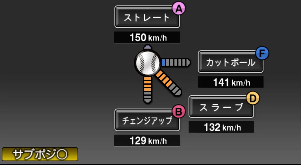 松井 裕樹の球種（ゲーム内の画面）