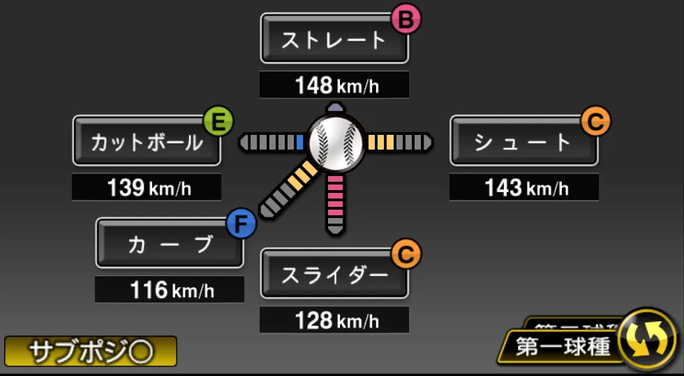 青山 浩二の球種（ゲーム内の画面）