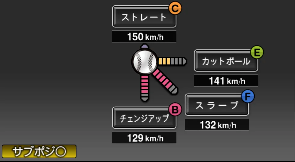 松井 裕樹の球種（ゲーム内の画面）