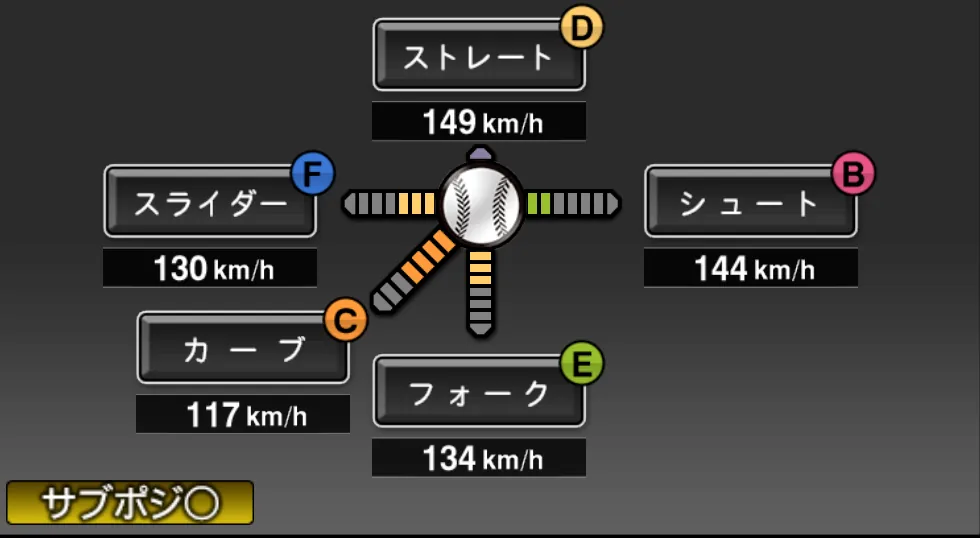 美馬 学の球種（ゲーム内の画面）