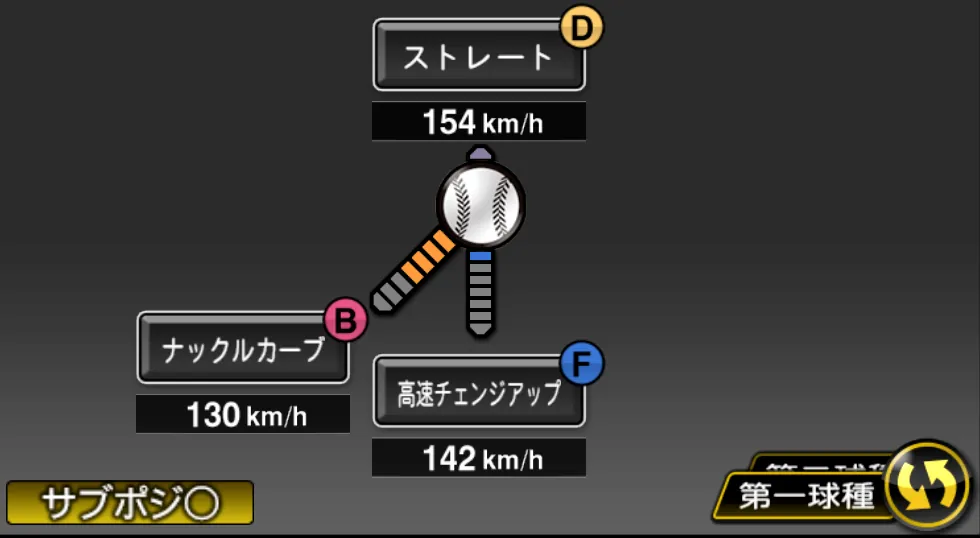 ブセニッツの球種（ゲーム内の画面）
