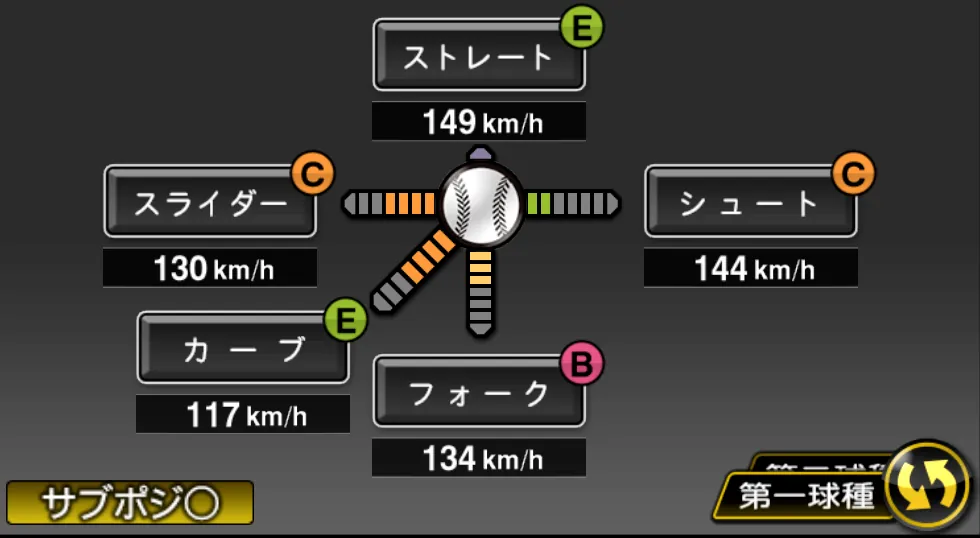 美馬 学の球種（ゲーム内の画面）