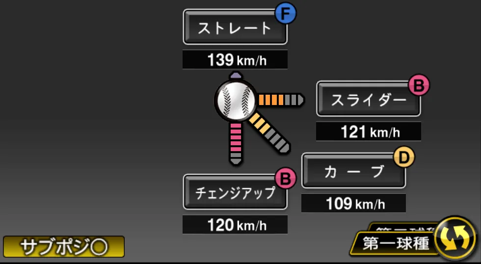 辛島 航の球種（ゲーム内の画面）