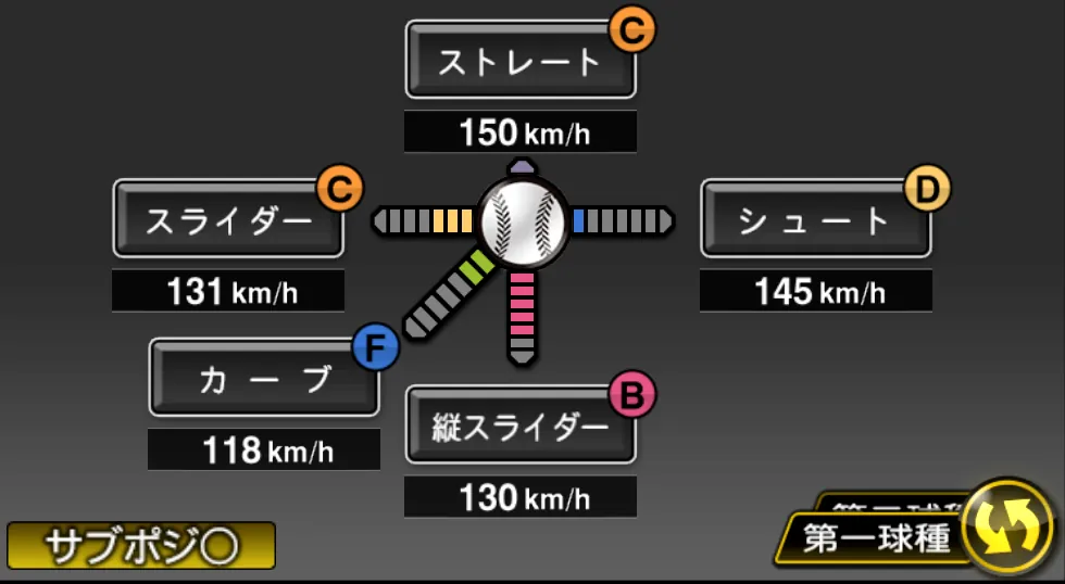 青山 浩二の球種(ゲーム内の画面)