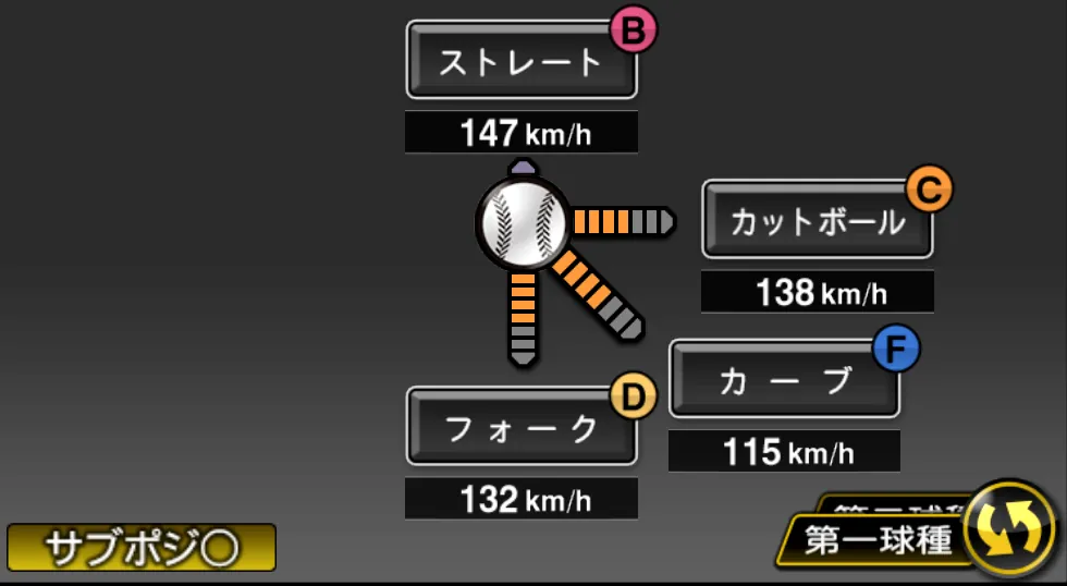 弓削 隼人の球種（ゲーム内の画面）
