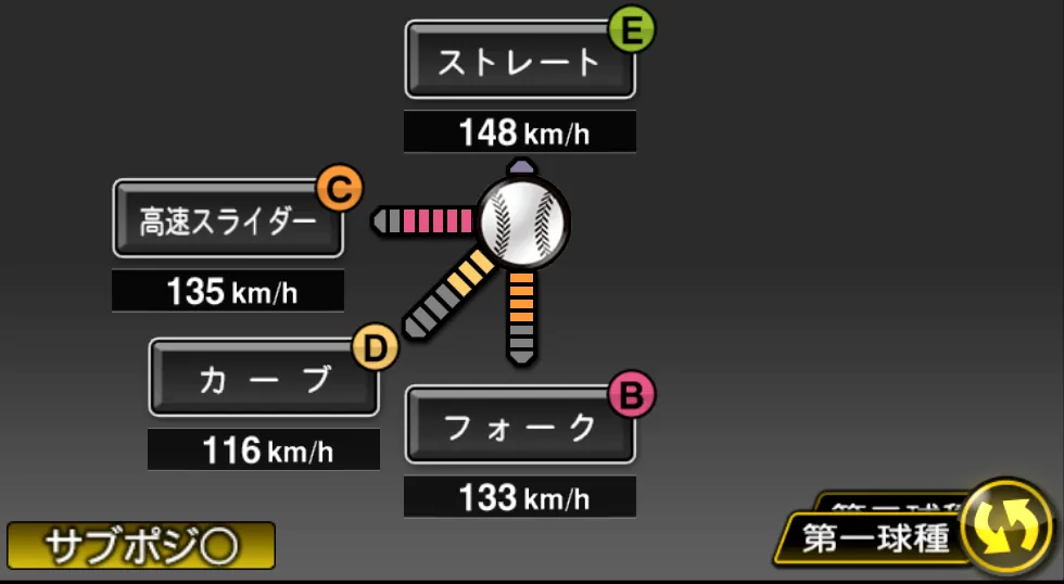 酒居 知史の球種（ゲーム内の画面）