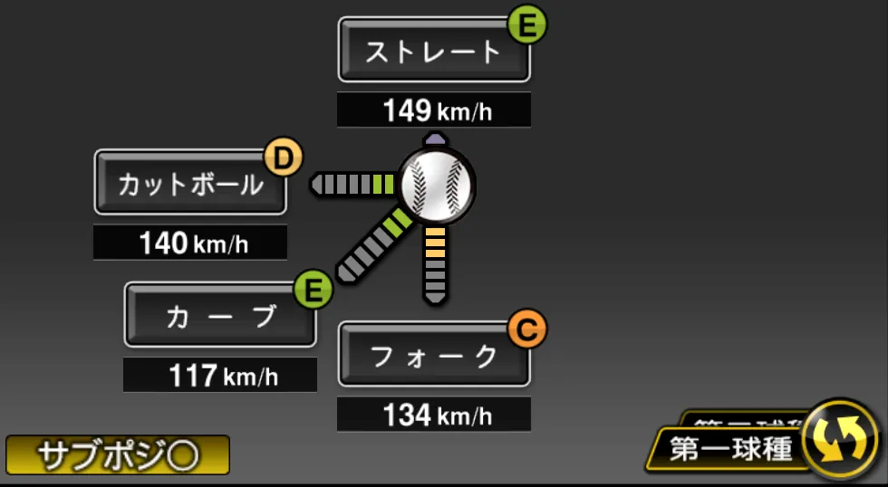 寺岡 寛治の球種（ゲーム内の画面）